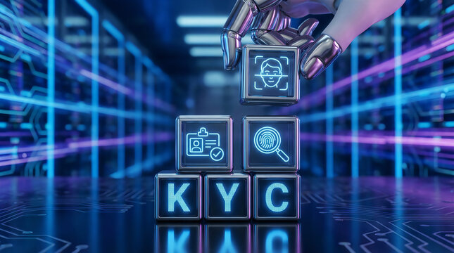 Hand arranging KYC blocks on digital compliance interface with neon lighting