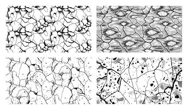 Collection of seamless textures showing cracked earth and parched soil in woodcut style