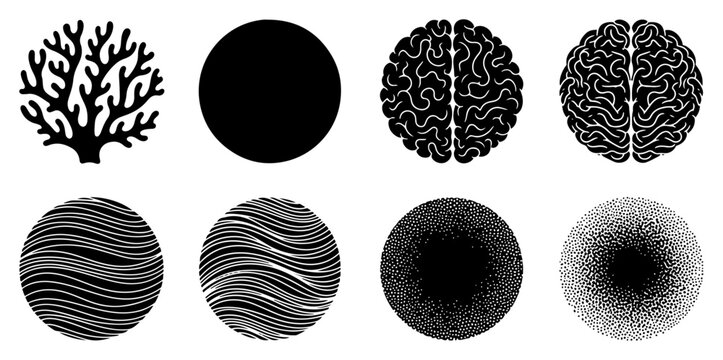 Collection of circular icons featuring brain coral and abstract patterns in minimalist graphic style