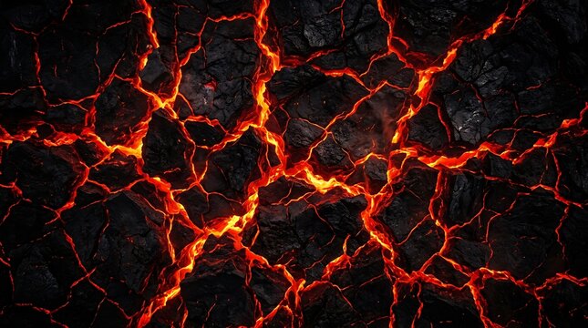 Molten lava cracks in black rock formation closeup texture