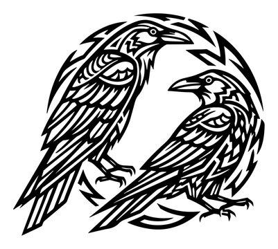 Two ravens sitting together inside ornamental circular border in bold tribal style