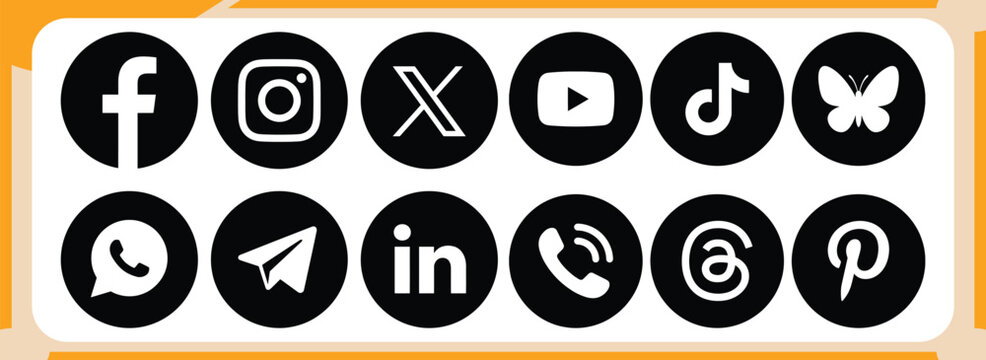 Social media icons set 2026. Social network logo collection featuring Instagram, Facebook, WhatsApp, X, YouTube, LinkedIn, Snapchat, Threads, BlueSky and TikTok vector button set.