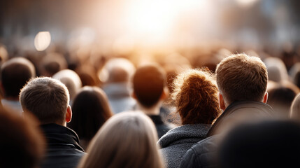 Fototapeta premium World Population Day gathering showing a large crowd of people from behind, spectators looking forward towards a bright future and sense of hope and progress