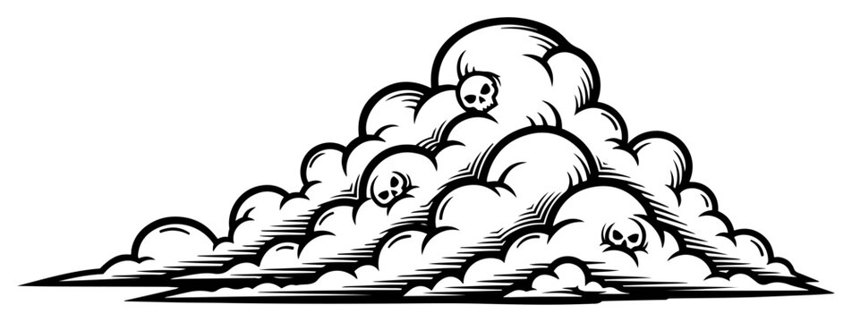 Billowing toxic gas clouds with hidden skulls in bold black ink style