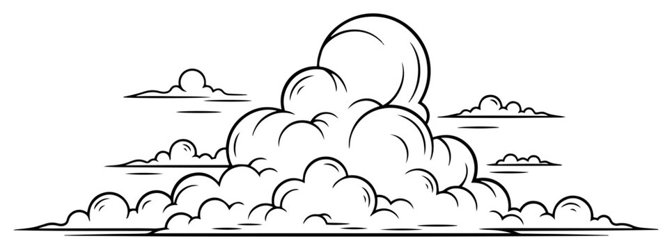 Large cumulus clouds or thick smoke piles in clean black and white line art style