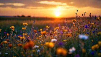 Naklejka premium Golden sun dips behind a wildflower meadow