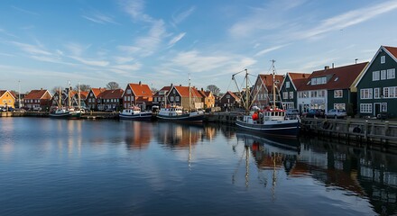 Obraz premium Traditional harbor scene featuring colorful red and green wooden houses with gabled roofs, fishing boats moored at the dock, and calm water reflections under a clear blue sky.