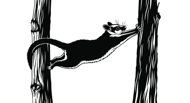 Sugar glider climbing on tree bark black and white vector illustration