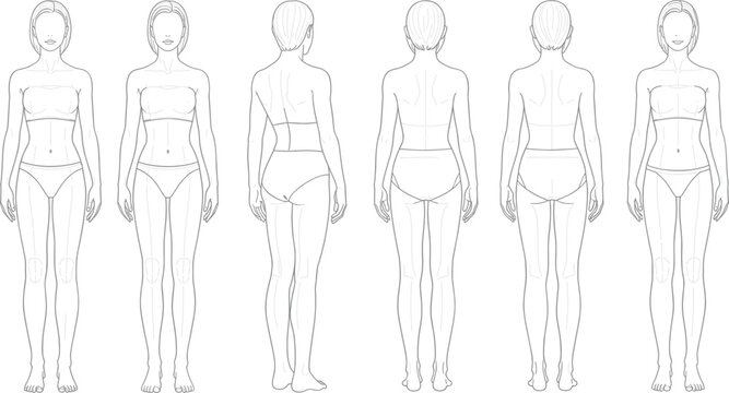 Professional female fashion croquis vector template featuring front back and side views for technical sketches apparel design illustrations and garment development tech packs.