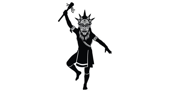 Tribal warrior dancing in traditional mask and costume silhouette