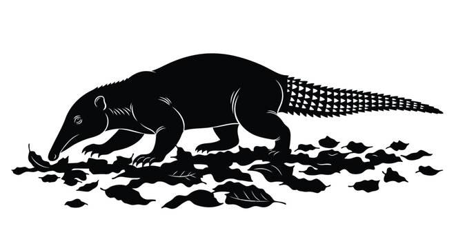 Black and white illustration of an anteater foraging in fallen leaves