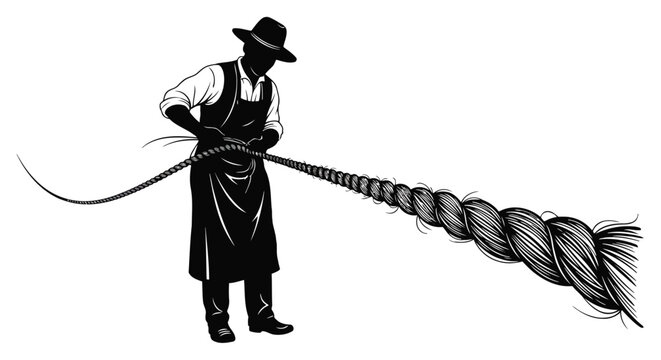 Black and white illustration of a farmer braiding a thick rope