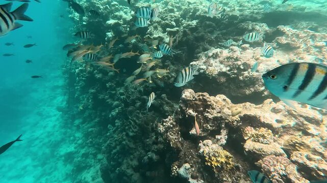 Sohal tang fish swims over coral reef in Red Sea in Egypt. Underwater life, snorkeling.