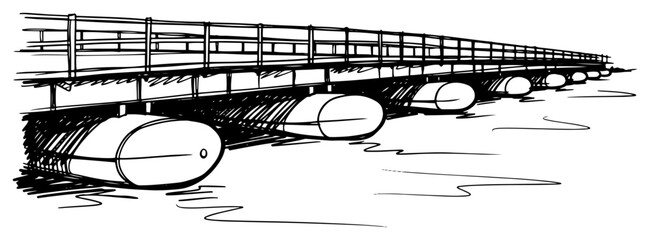 Pontoon bridge stretching across calm river water in hand drawn sketch style © Anna