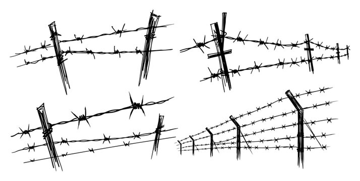 Barbed wire fence collection with different barrier types hand drawn sketch style