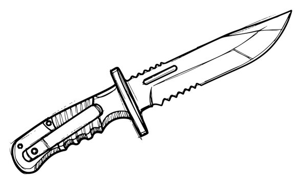 Survival combat knife with serrated blade and textured handle in hand drawn sketch style