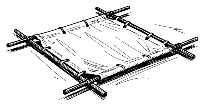 Emergency makeshift stretcher made of wooden poles and canvas in hand drawn sketch style