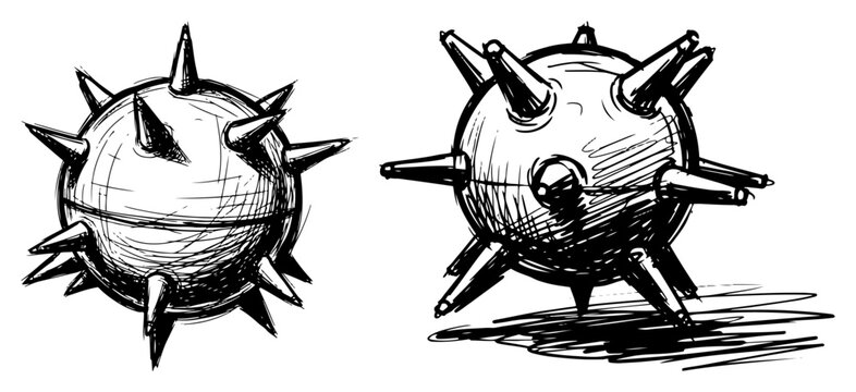 Naval mines with contact spikes for sea defense in hand drawn sketch style