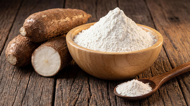 Taro root and taro flour on a wooden table with a bowl and spoon