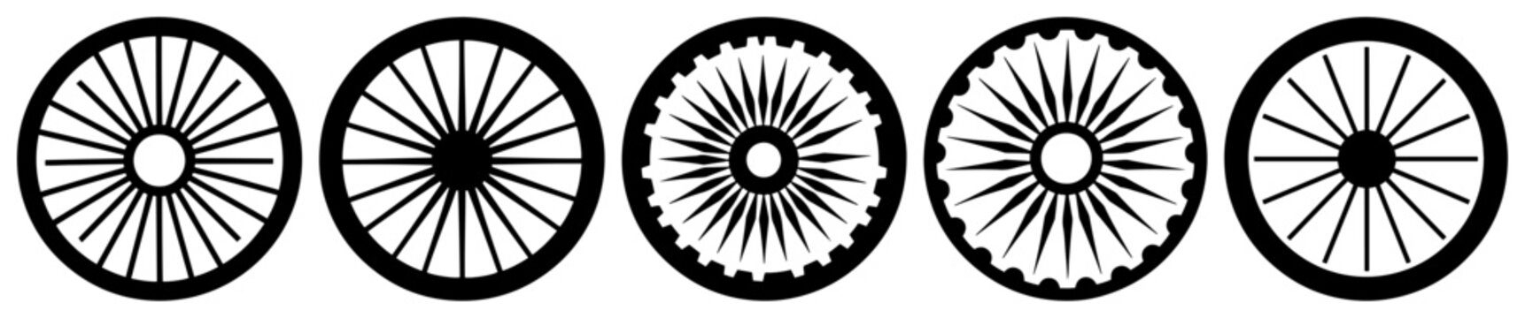 Ashoka chakra wheels set representing dharma and indian national symbols in black line art style