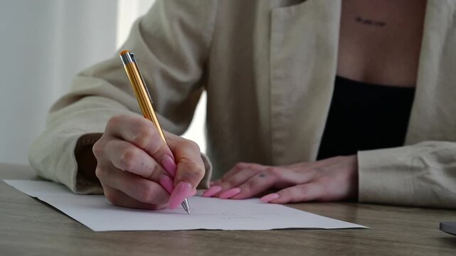 A woman fills out an official document while sitting in a bright office.
Office work and a woman writing on paper.
A letter in her hand in the office.
Signing documents and a notarized will.