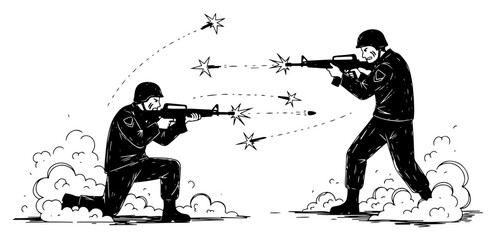 Soldiers in combat shooting rifles during battle in hand drawn sketch style © Anna