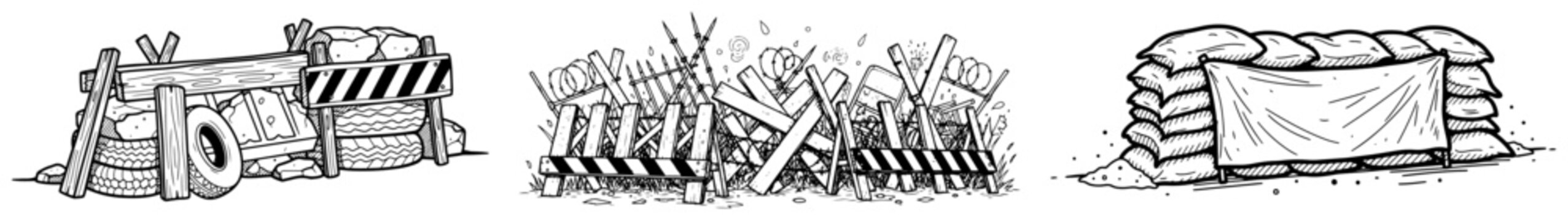 Military barricades and fortifications with sandbags and barbed wire in hand drawn sketch style