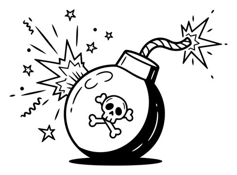 Cartoon bomb with skull symbol and burning fuse in comic doodle style