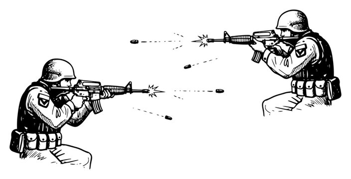 Military soldiers aiming and firing assault rifles in hand drawn sketch style