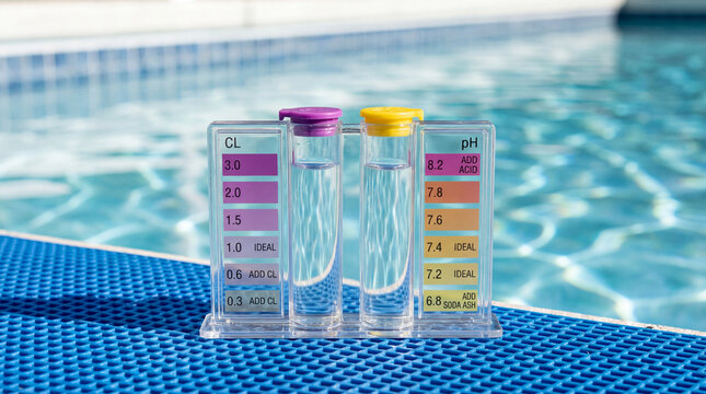 Three test tubes with colorful caps on a blue pool deck next to a swimming pool for water testing and analysis