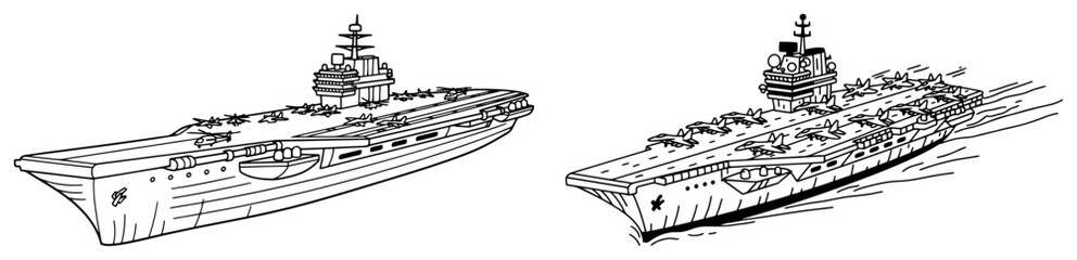 Aircraft carrier naval warships at sea in hand drawn military sketch style © Anna