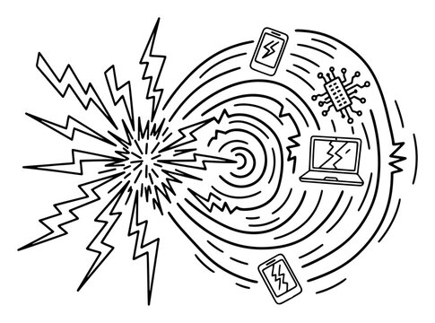 Electrical surge or EMP strike damaging electronic components hand drawn doodle style