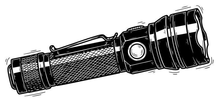 Tactical LED flashlight with textured grip and pocket clip in hand drawn sketch style
