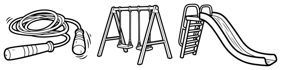 Playground equipment set with jump rope swing and slide in hand drawn sketch style © Anna