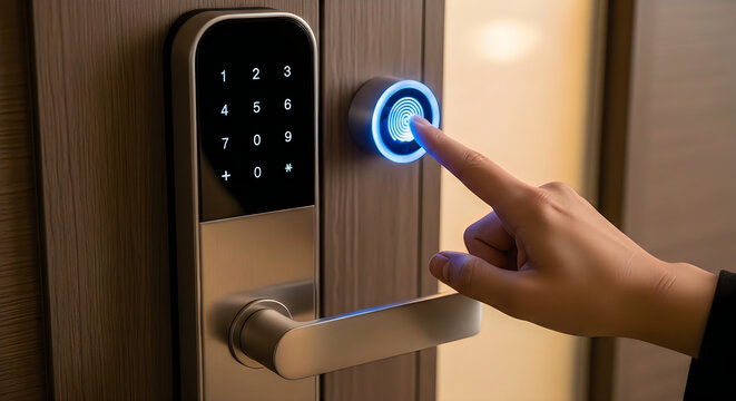 Person unlocking smart door lock with biometric fingerprint scanner