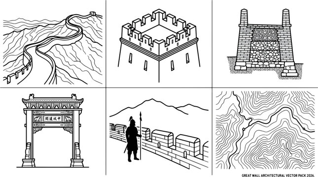 A monochrome line art grid illustrates the great wall of china's architecture, featuring watchtowers, gates, and a soldier, capturing ancient chinese history.