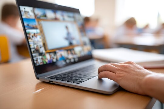 A student participates in an online class via video conference on a laptop in a classroom. Hybrid learning and remote education concept
