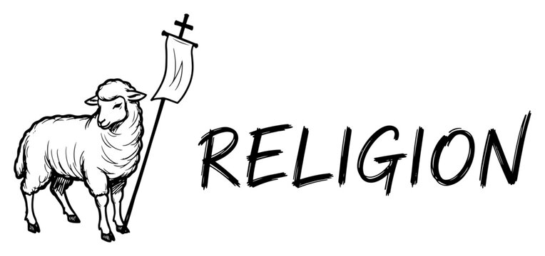 Lamb of God holding christian cross flag with religion text in hand drawn sketch style