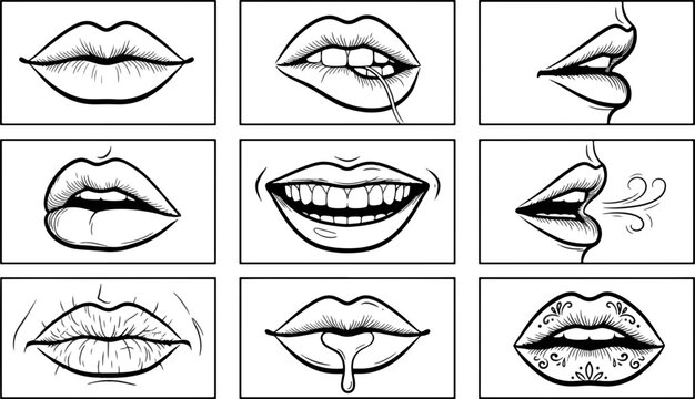 Nine black and white line art illustrations showcasing human lips with diverse expressions and actions, from biting to smiling, on a clean background.