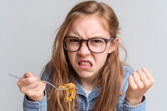 Picky eater girl making a disgusted face at her food. Unhappy child with glasses refusing to eat pasta. Concept of food aversion and bad taste