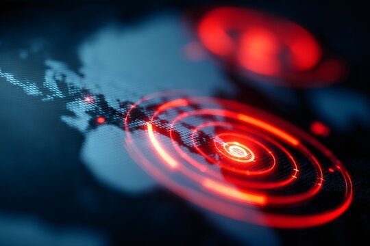 Global security alert concept with glowing red radar circles on a digital world map. Futuristic interface indicating cyber threat detection or emergency tracking