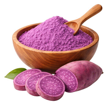 Purple sweet potato powder in a wooden bowl with fresh sliced ube root isolated on transparent background