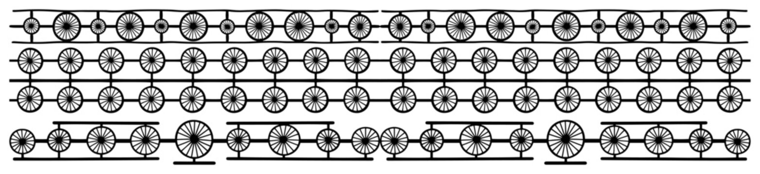 Diverse wheel symbols and chakra elements on horizontal lines in hand drawn style