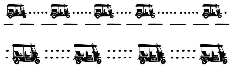 Auto rickshaw silhouettes and dots forming travel themed borders in hand drawn sketch style © Anna