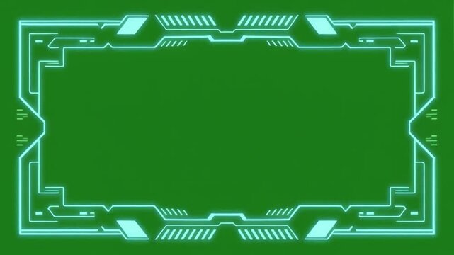 Dynamic futuristic digital frame with illuminated circuitry on a green screen, perfect for modern technology presentations and video overlays
