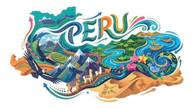 Peru map illustration with Andes mountains, Amazon river, and condor