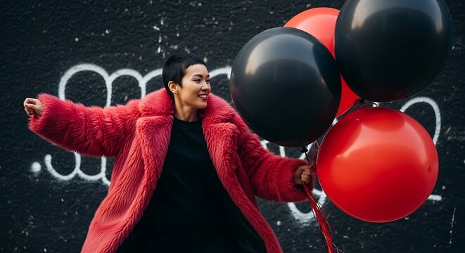 A young woman in a red coat joyfully holding balloons in front of a graffiti wall 2026 black friday concept in red and black colors