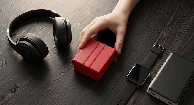 A hand holding a red gift box with headphones and gadgets on a wooden table 2026 black friday concept in red and black colors