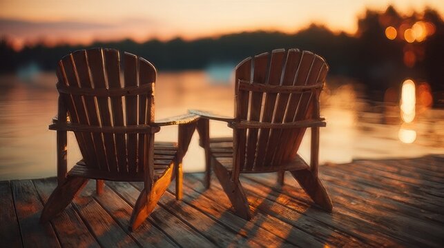 Adirondack chairs positioned on a wooden dock over a calm lake at sunset silhouette. 