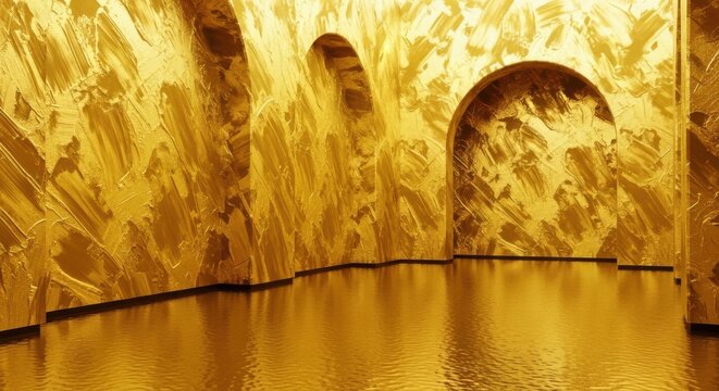 A pixelated image of a gold colored wall with a curved object on the right side
